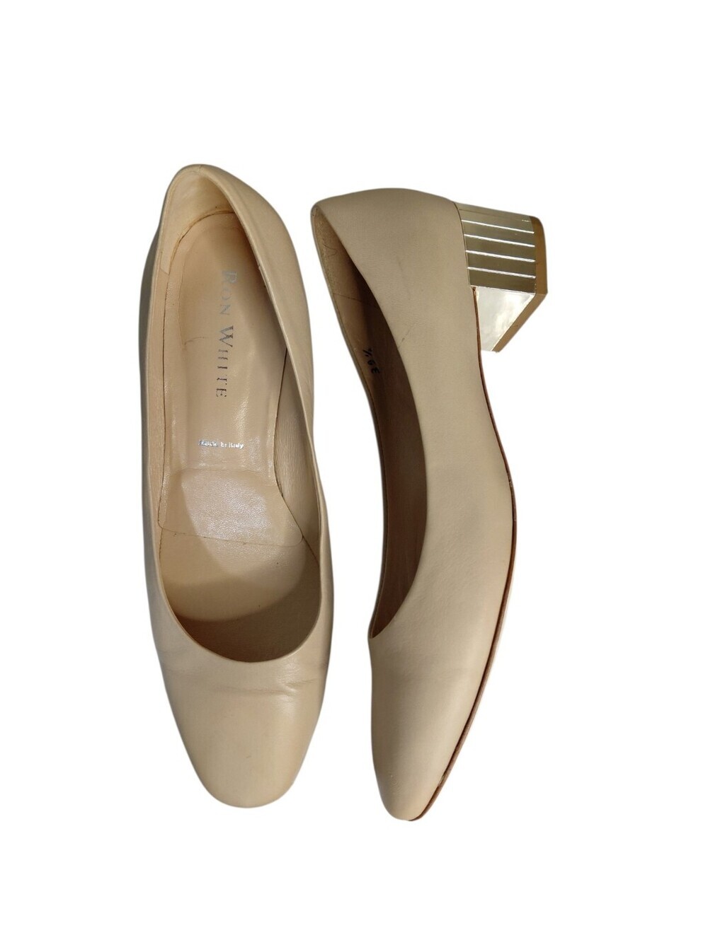 Ron White Beige Leather Mirrored Block Heel Pumps Size 9.5
